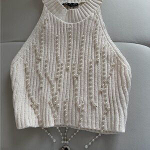 Cream Knit Halter Top with Pearl Accents